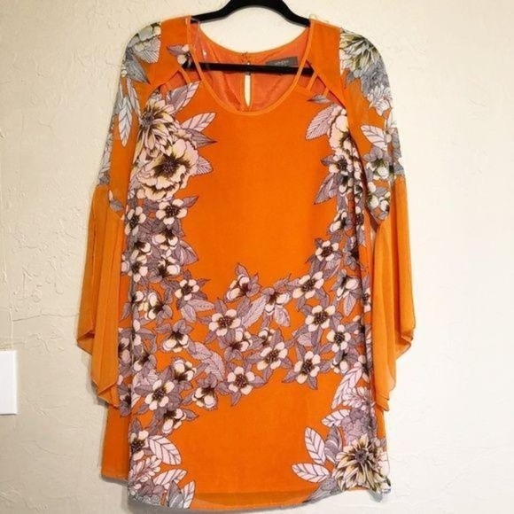 Umgee Dresses & Skirts - Umgee womens Dress Small Orange Floral Tunic Cut out Bell Sleeves